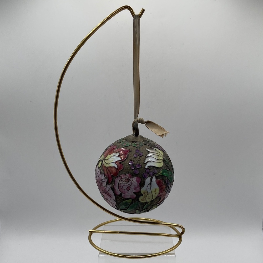 Vintage Enamel Cloisonné Egg Ornament With Ribbon Tie  And Stand